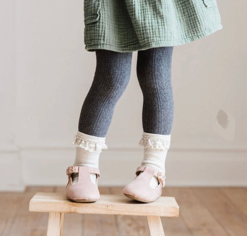 Little Stocking FOOTED Cable Knit Tights - charcoal
