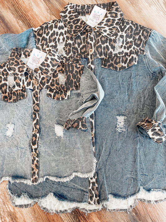 Mama + Me || Adult Cheetah Fringe Denim Jacket