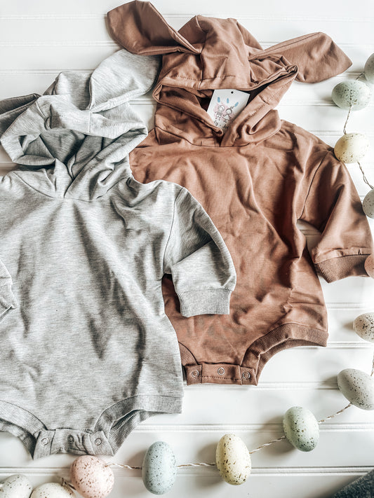 Bunny Ear Rompers || gray + mocha